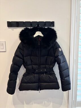 Moncler Black Quilted Down Jacket with Fur-Trim Hood